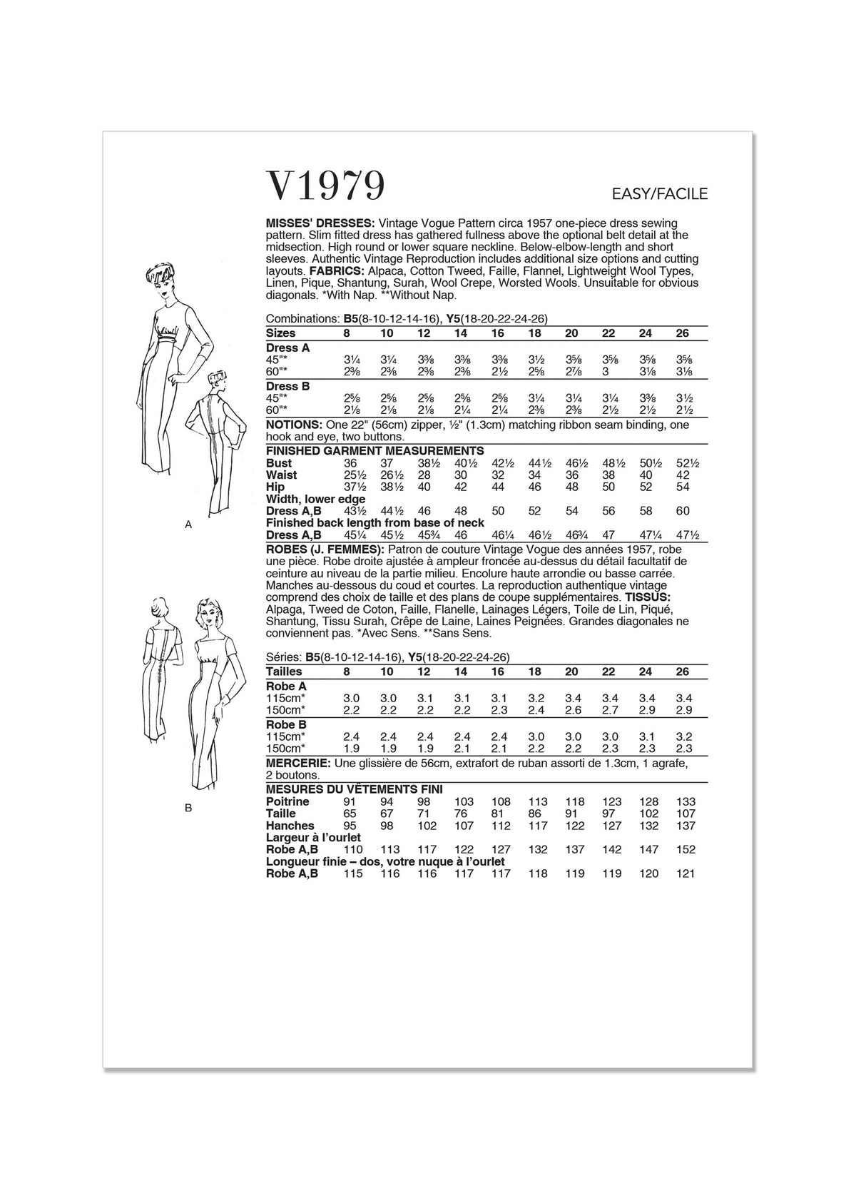 Patron Vogue n°1979 - Robe ajustée vintage des années 1950