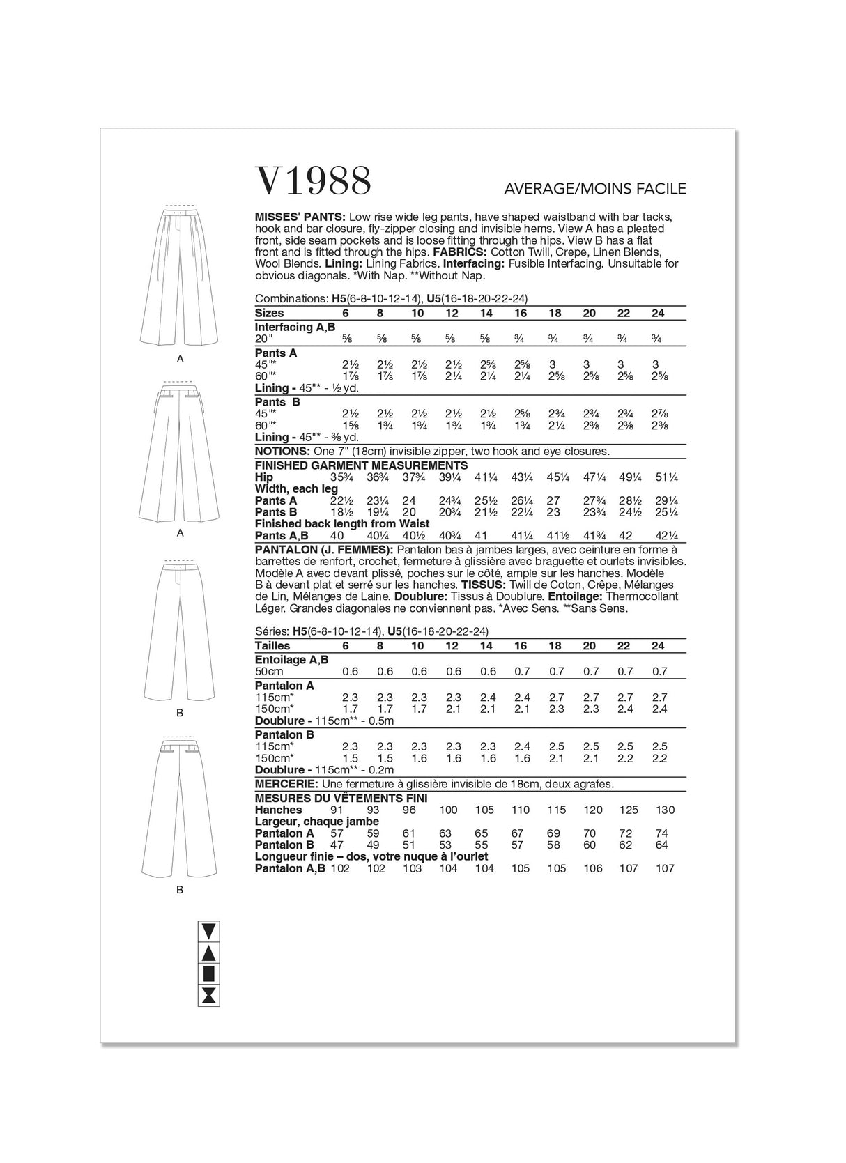 Patron Vogue n°1988 - Pantalon à jambes larges et taille basse