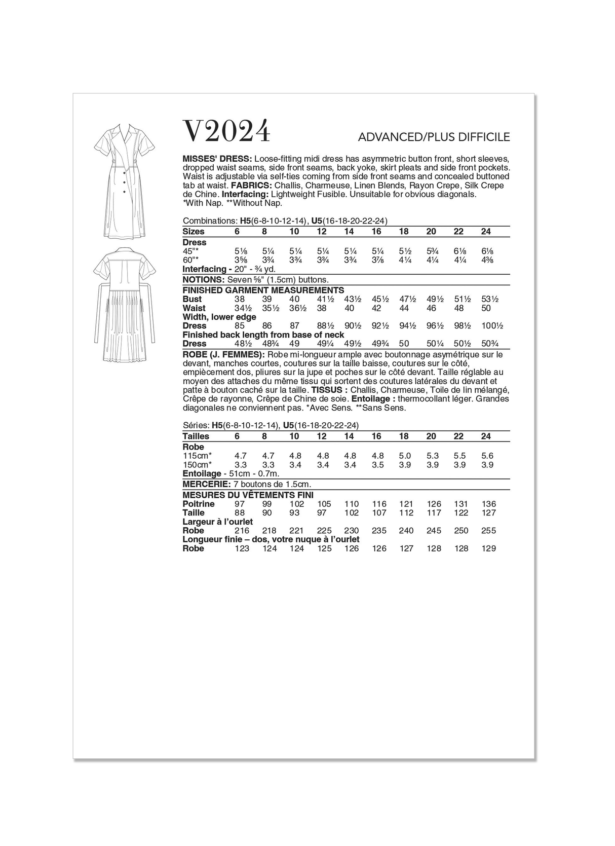Patron Vogue n°2024 - Robe midi ample avec fermeture asymétrique