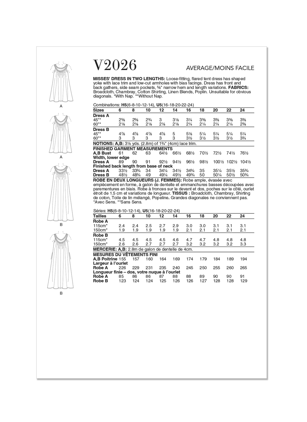 Patron Vogue n°2026 - Robe ample et évasée avec empiècement en dentelle