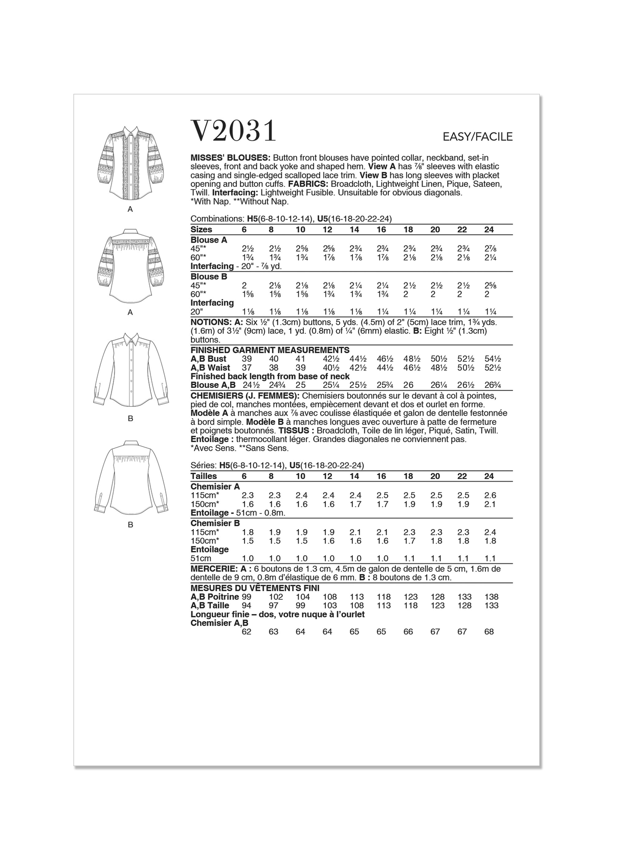 Patron Vogue n°2031 - Blouses élégantes avec col pointu et manches variées
