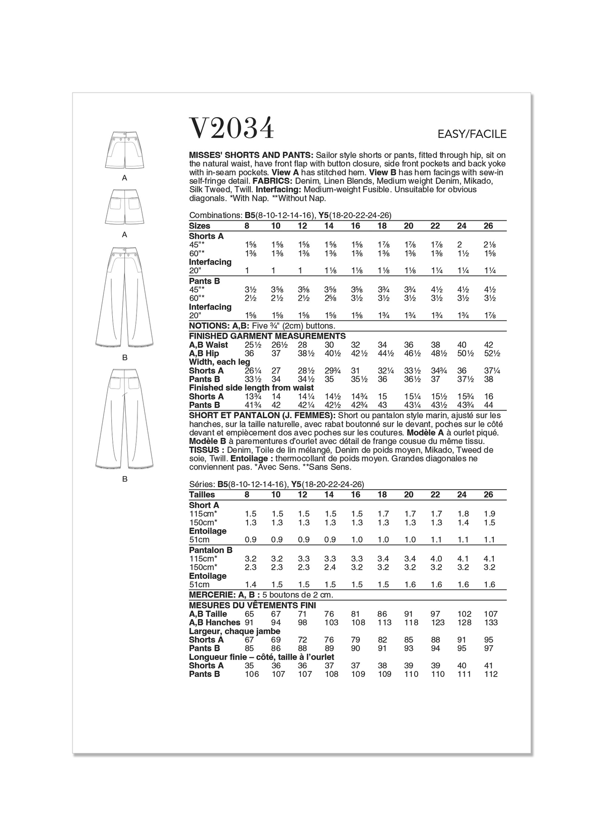 Patron Vogue n°2034 - Short ou pantalon style marin