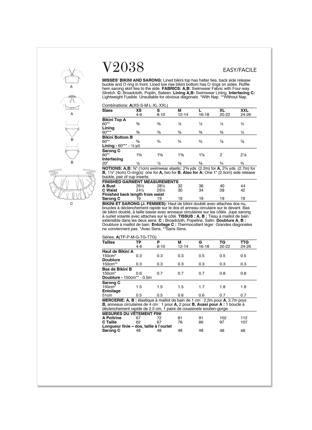 Patron Vogue n°2038 - Bikini et paréo