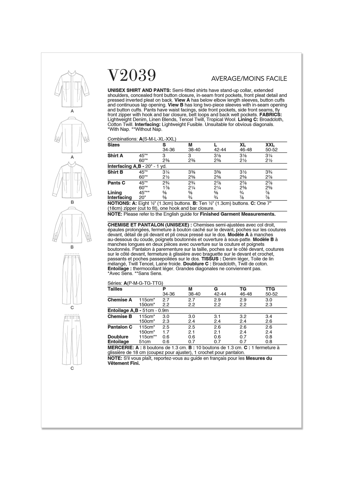 Patron Vogue n°2039 - Chemise et pantalon unisexes