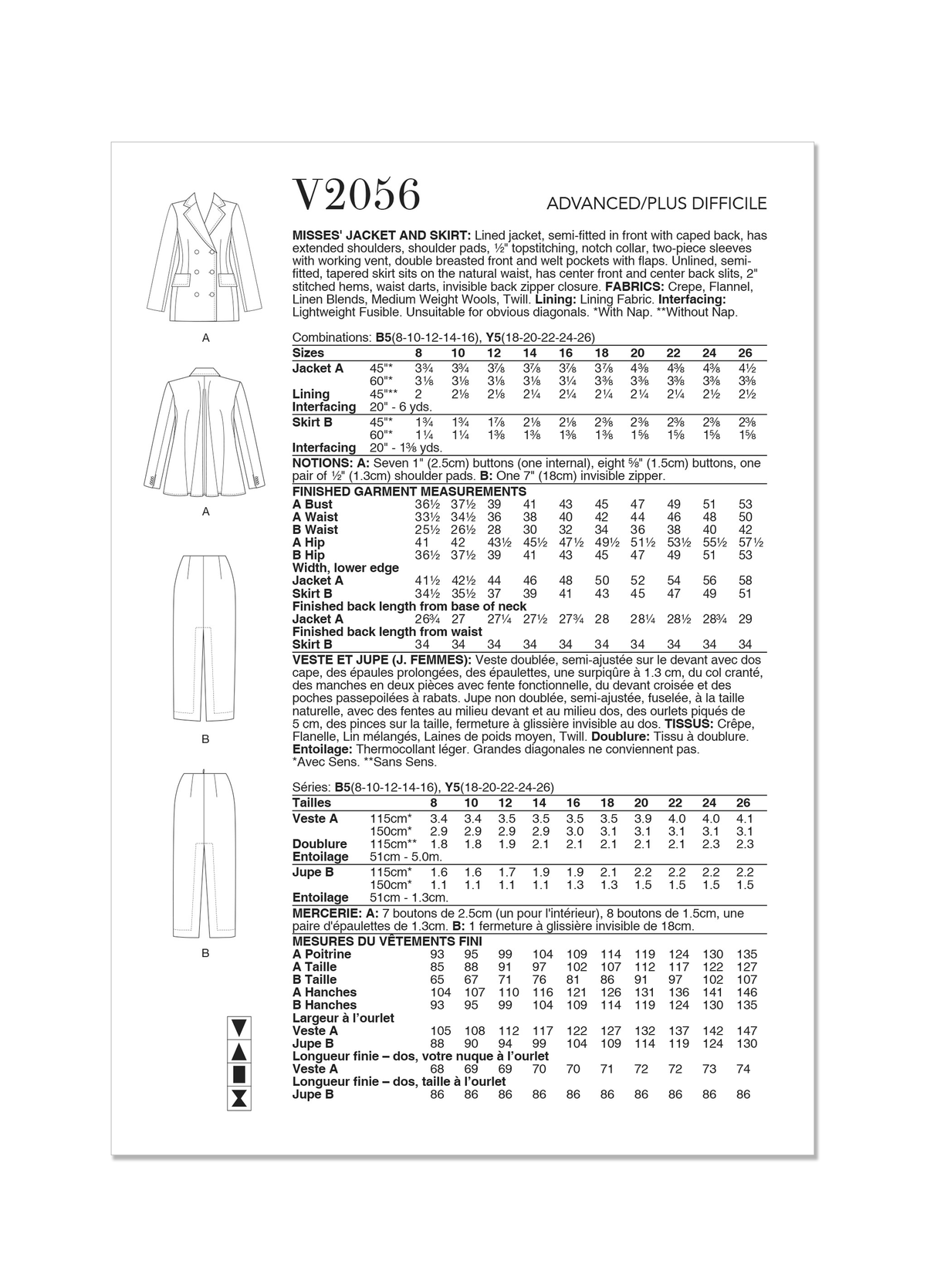 Patron Vogue n°2056 - Veste semi-ajustée avec dos cape et jupe fuselée