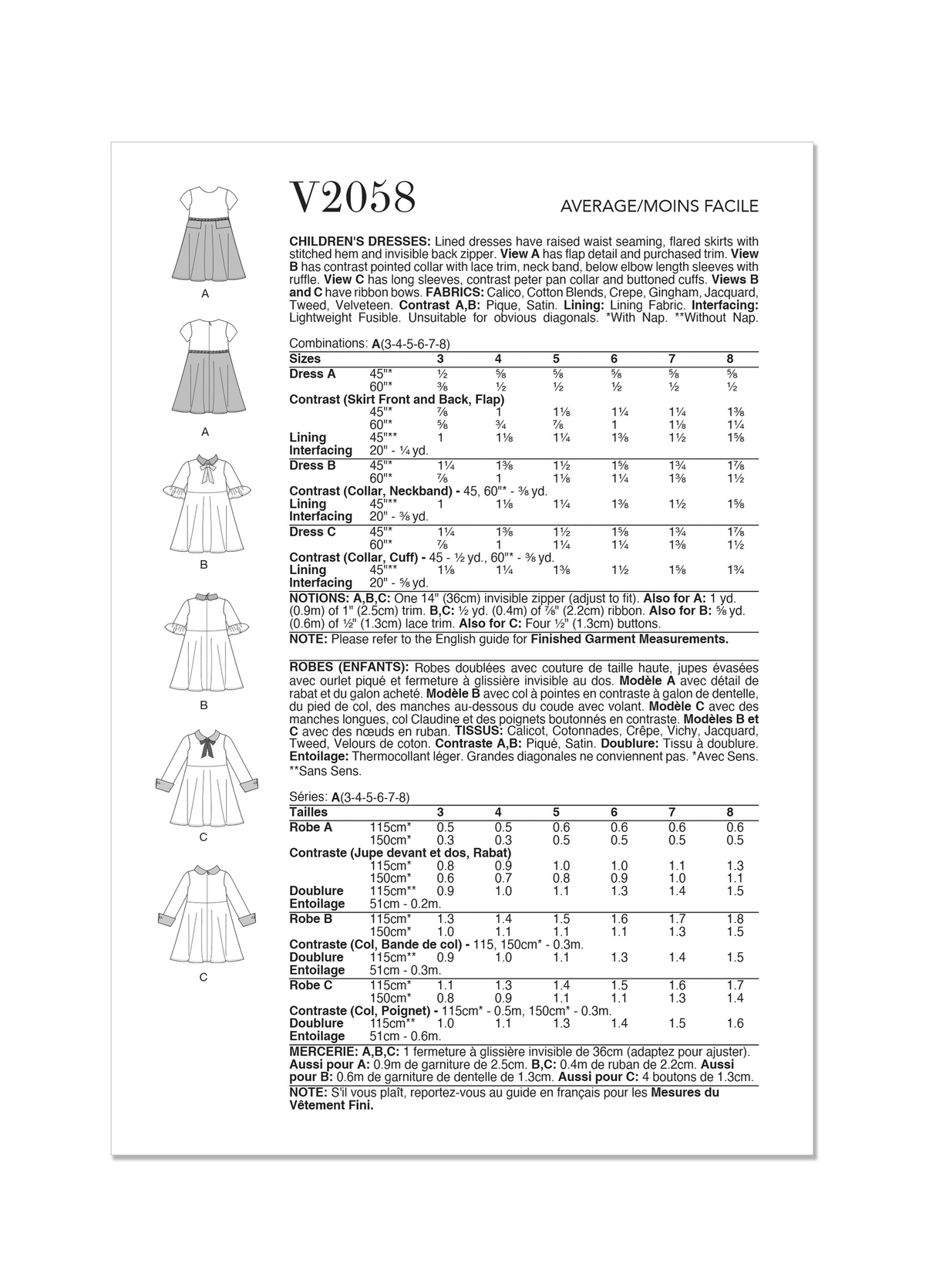 Patron Vogue n°2058 - Robe doublée pour enfant avec col Claudine