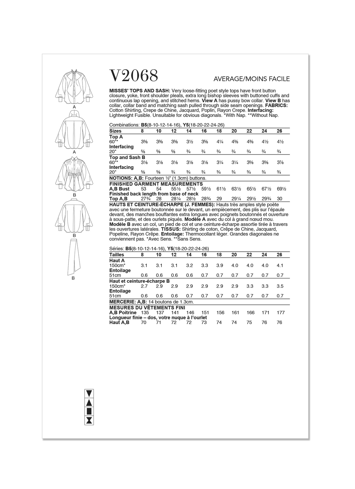 Patron Vogue n°2068 - Hauts amples avec col lavallière ou col classique et ceinture