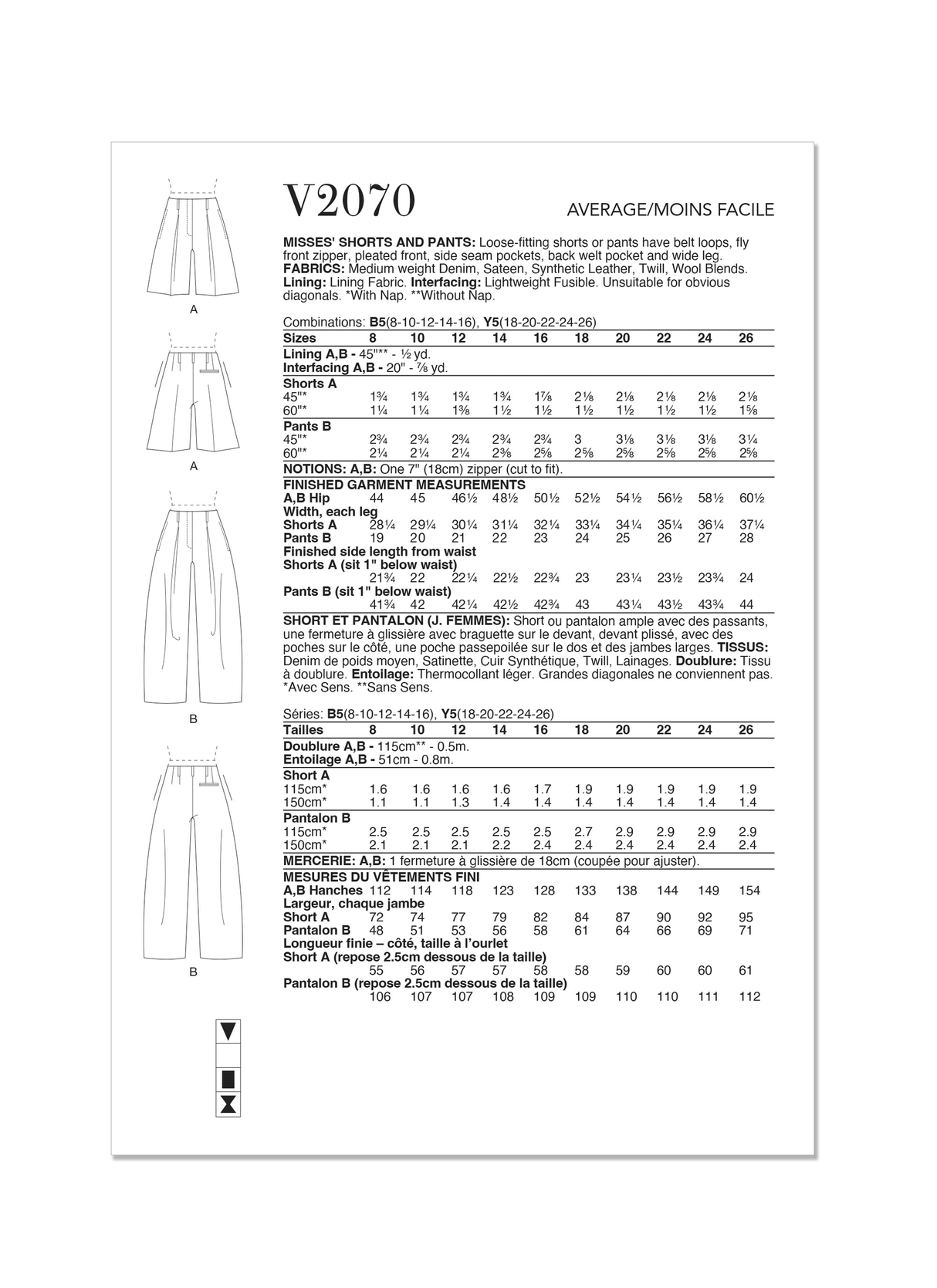 Patron Vogue n°2070 - Shorts et pantalons amples avec plis et poches