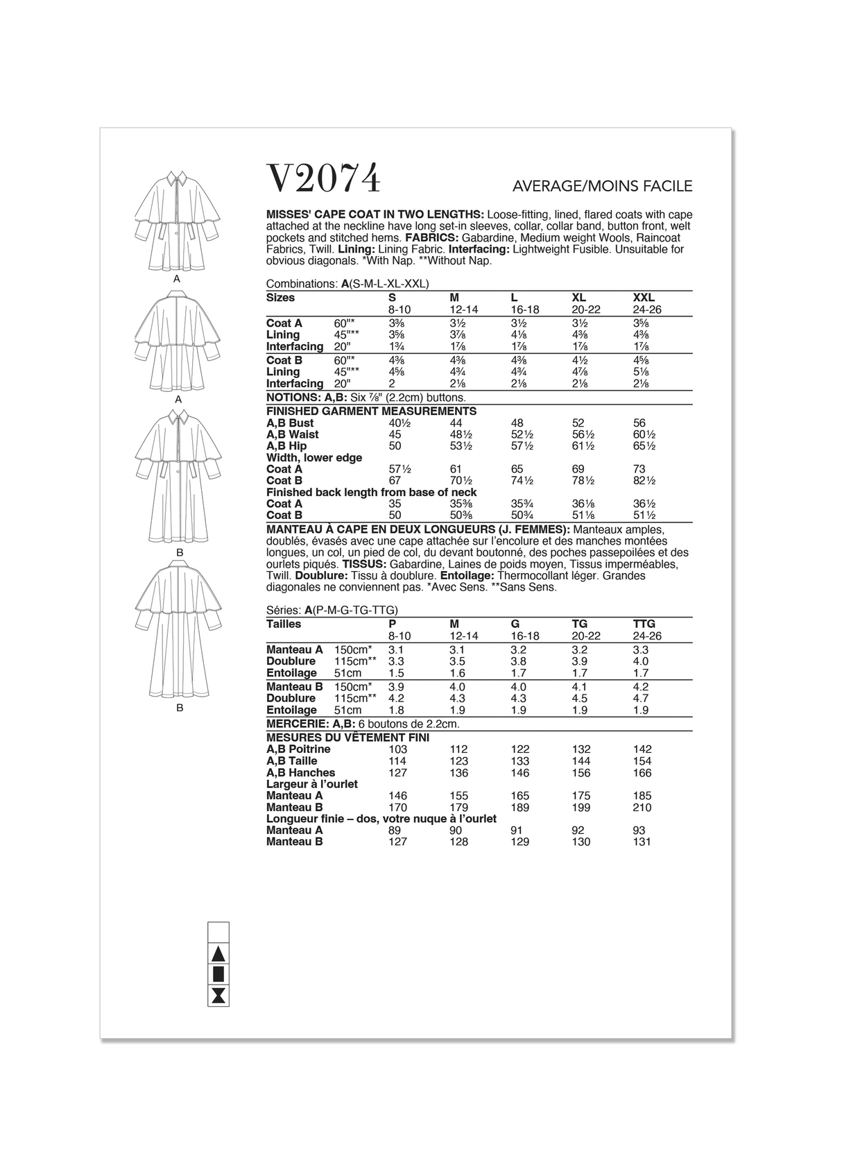 Patron Vogue n°2074 - Manteau cape pour femme