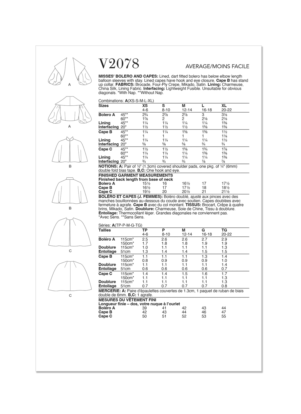 Patron Vogue n°2078 - Boléro ajusté et capes élégantes