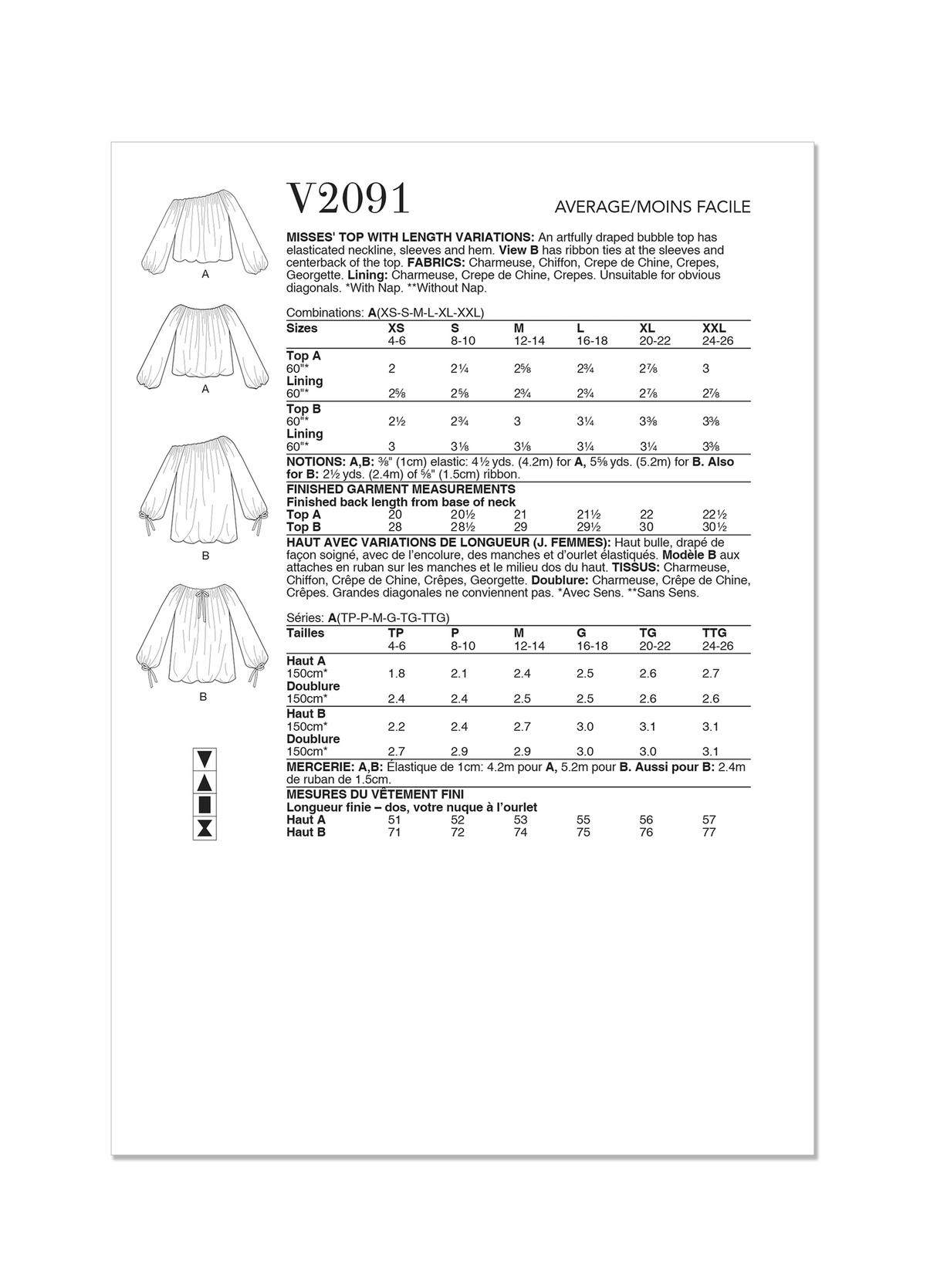 Patron Vogue n°2091 - Top drapé style bulle à manches ou rubans