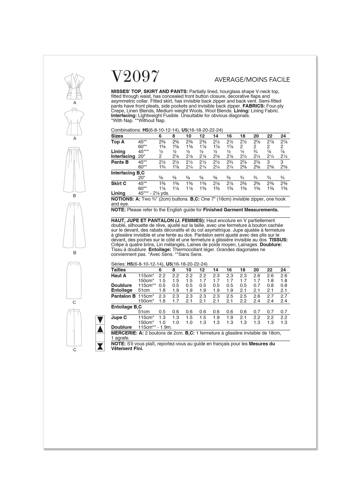 Patron Vogue n°2097 - Top, jupe ajustée & pantalon semi-ajusté