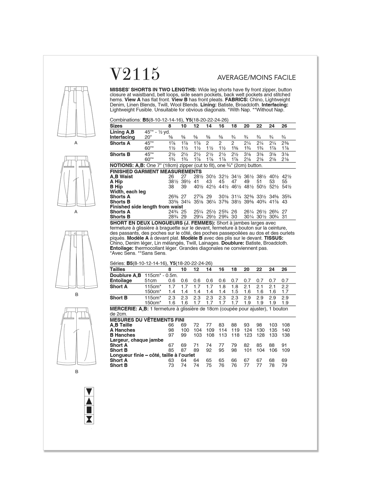 Patron Vogue n°2115 - Shorts large taille haute en version A ou B