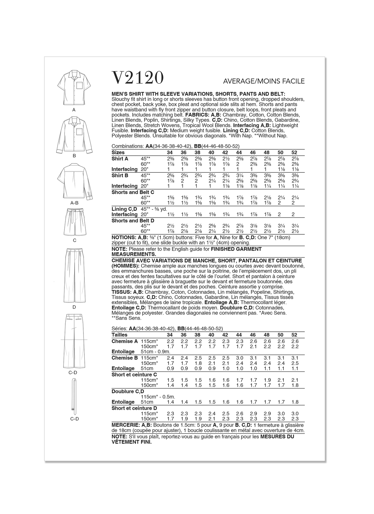 Patron Vogue n°2120- Chemise oversize, short, pantalon et ceinture