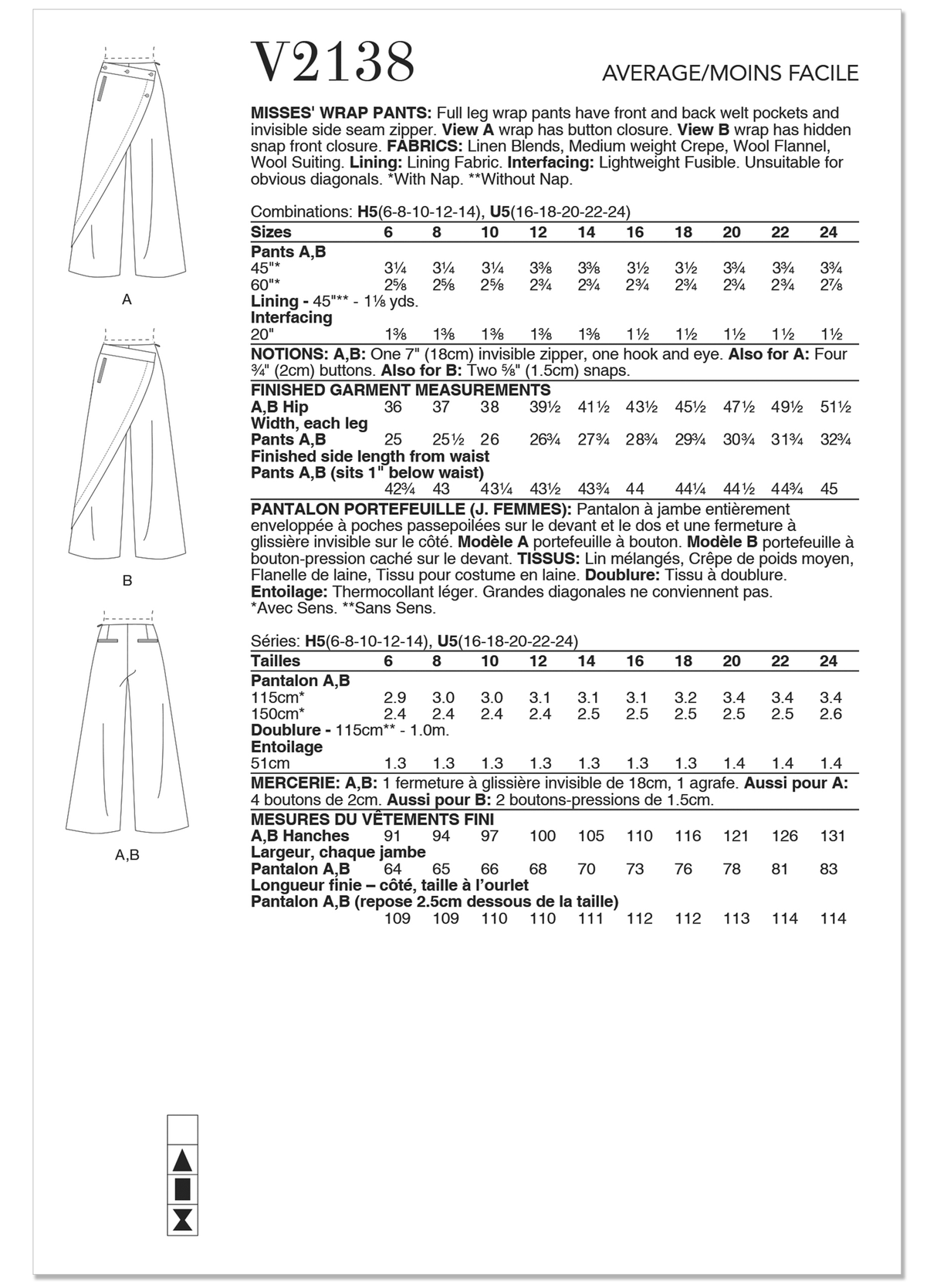Patron Vogue n°2138 – Pantalon à enroulement fluide