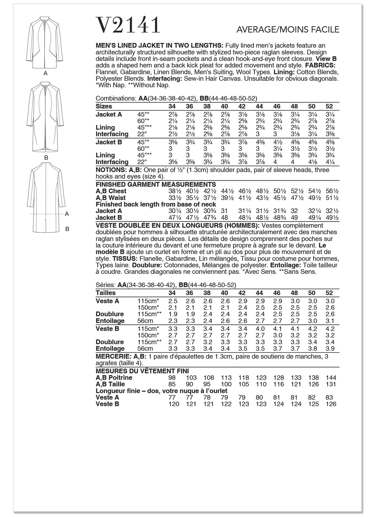 Patron Vogue n°2141 – Veste doublée à manches raglan
