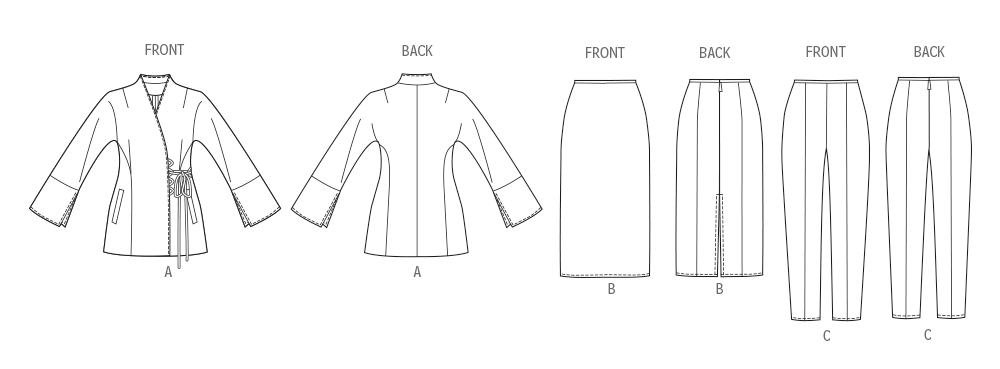 Patron Vogue n°2165 – Veste portefeuille, jupe midi et pantalon