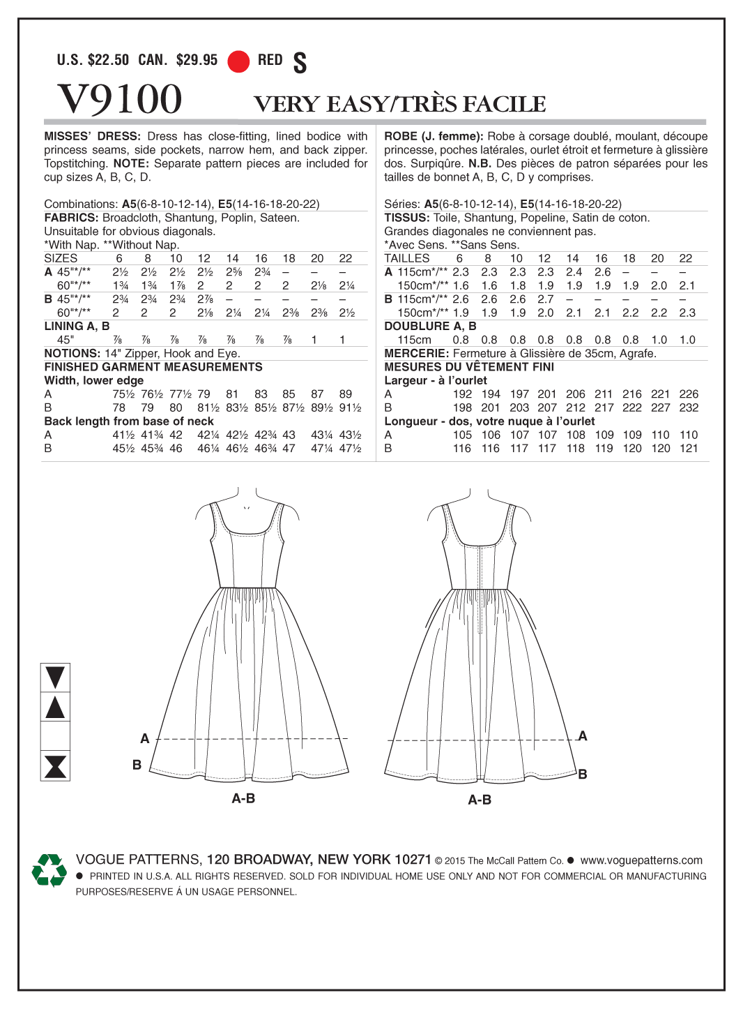 Patron Vogue n°9100 - Robe sans manches avec jupe plissée