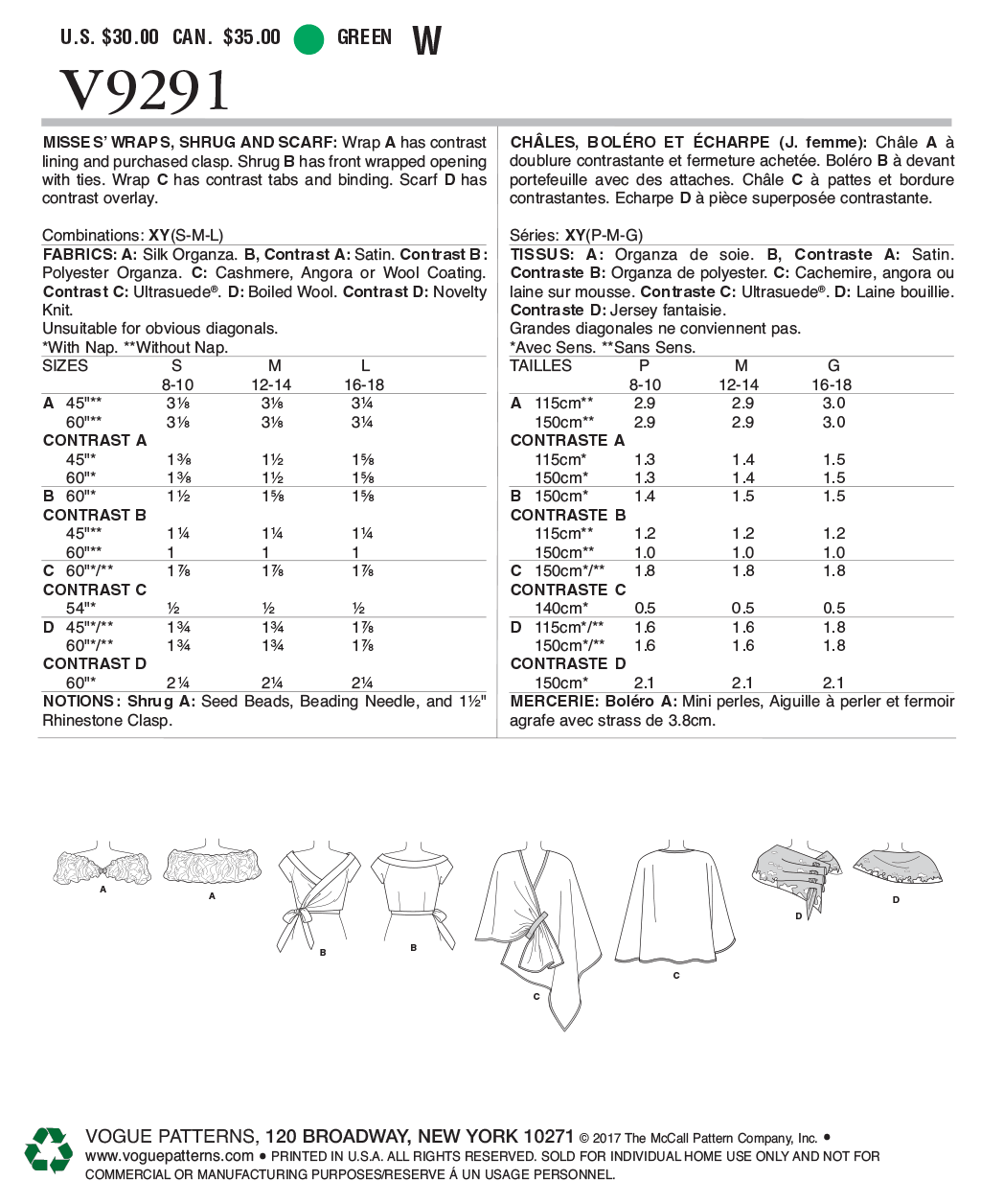 Patron Vogue n°9291 - Châles, boléro et écharpe avec variations élégantes