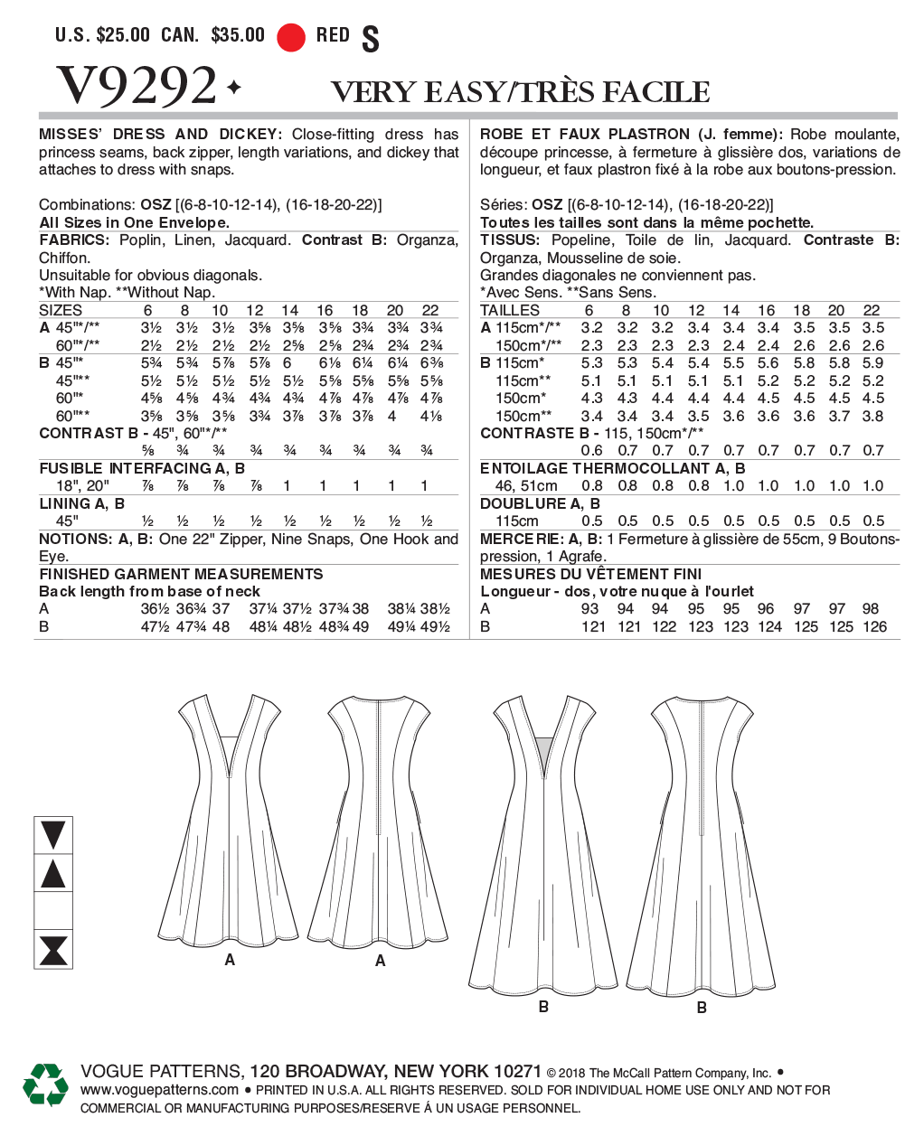 Patron Vogue n°9292 - Robe élégante avec encolure plongeante et faux plastron