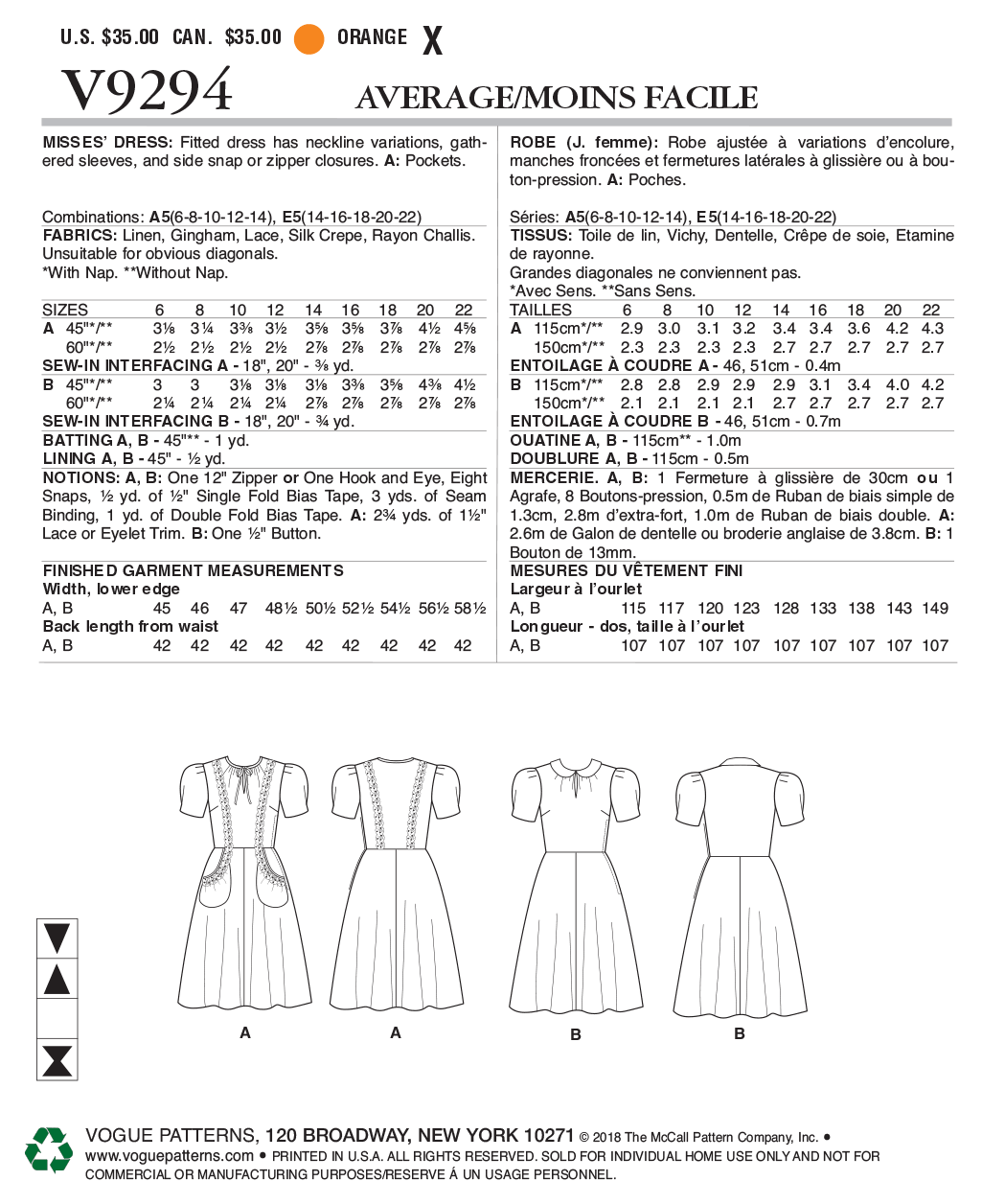 Patron Vogue n°9294 - Robe ajustée style années 1930 avec variations d'encolure