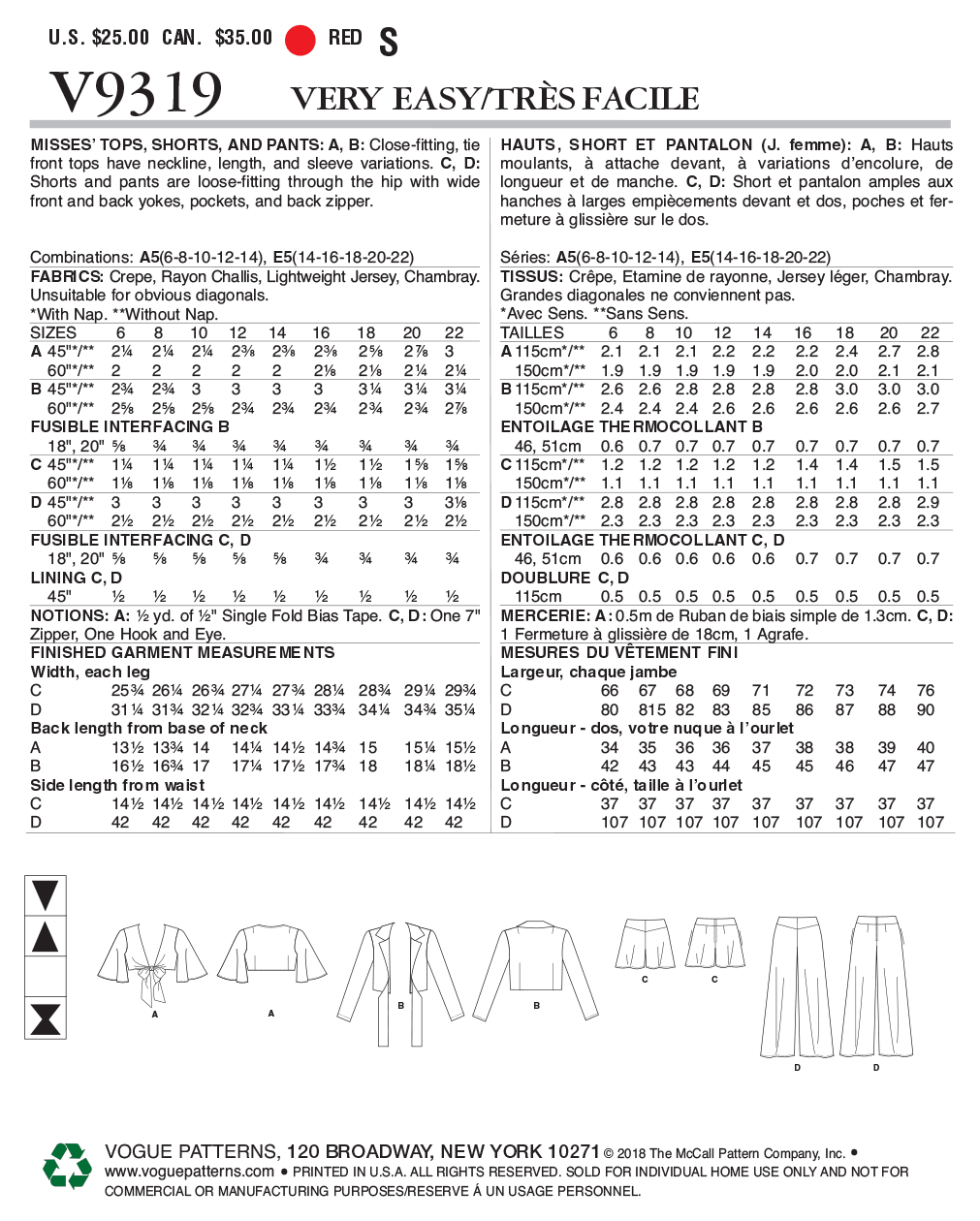 Patron Vogue n°9319 - Ensemble féminin : hauts cache-cœur, short et pantalon avec variations