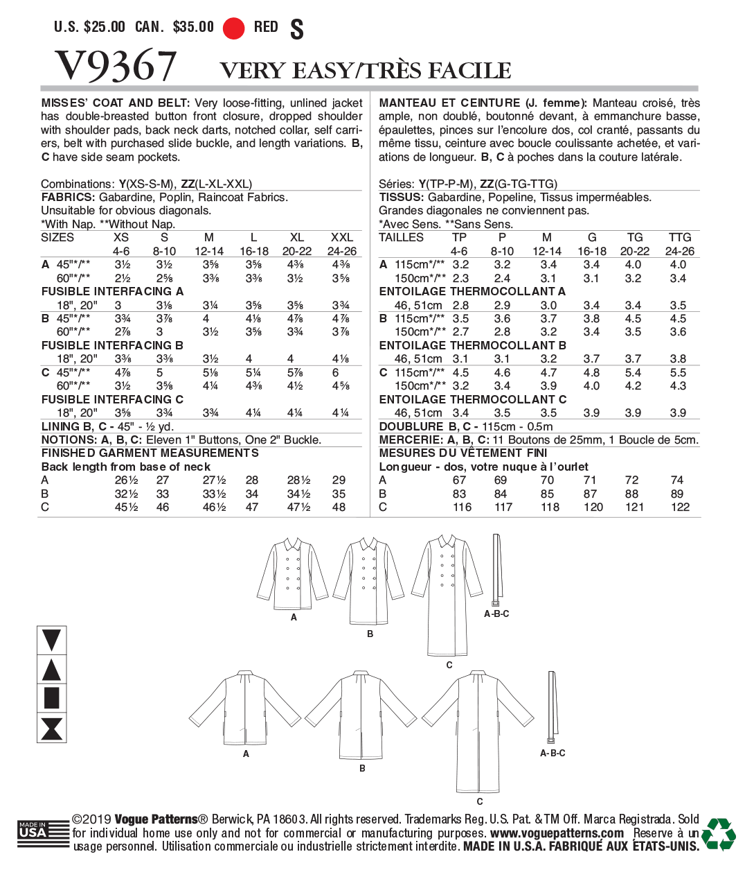 Patron Vogue n°9367 – Manteau croisé non doublé avec variations de longueur